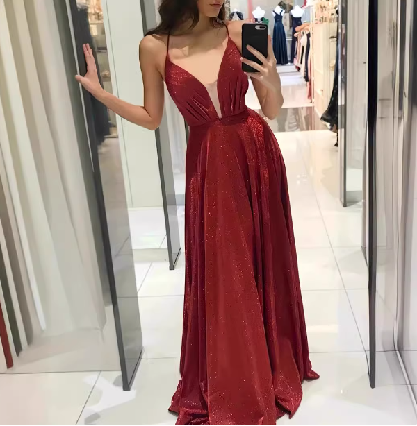Sexy Burgundy A-Line V-Neck Cross Back Shimmer Satin Long Classy Prom Dress Secondary image