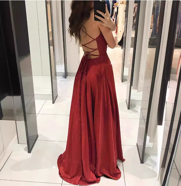 Sexy Burgundy A-Line V-Neck Cross Back Shimmer Satin Long Classy Prom Dress