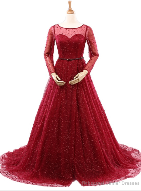 Sexy Burgundy Long Sleeve Tulle Pearls Wedding Dress Main image