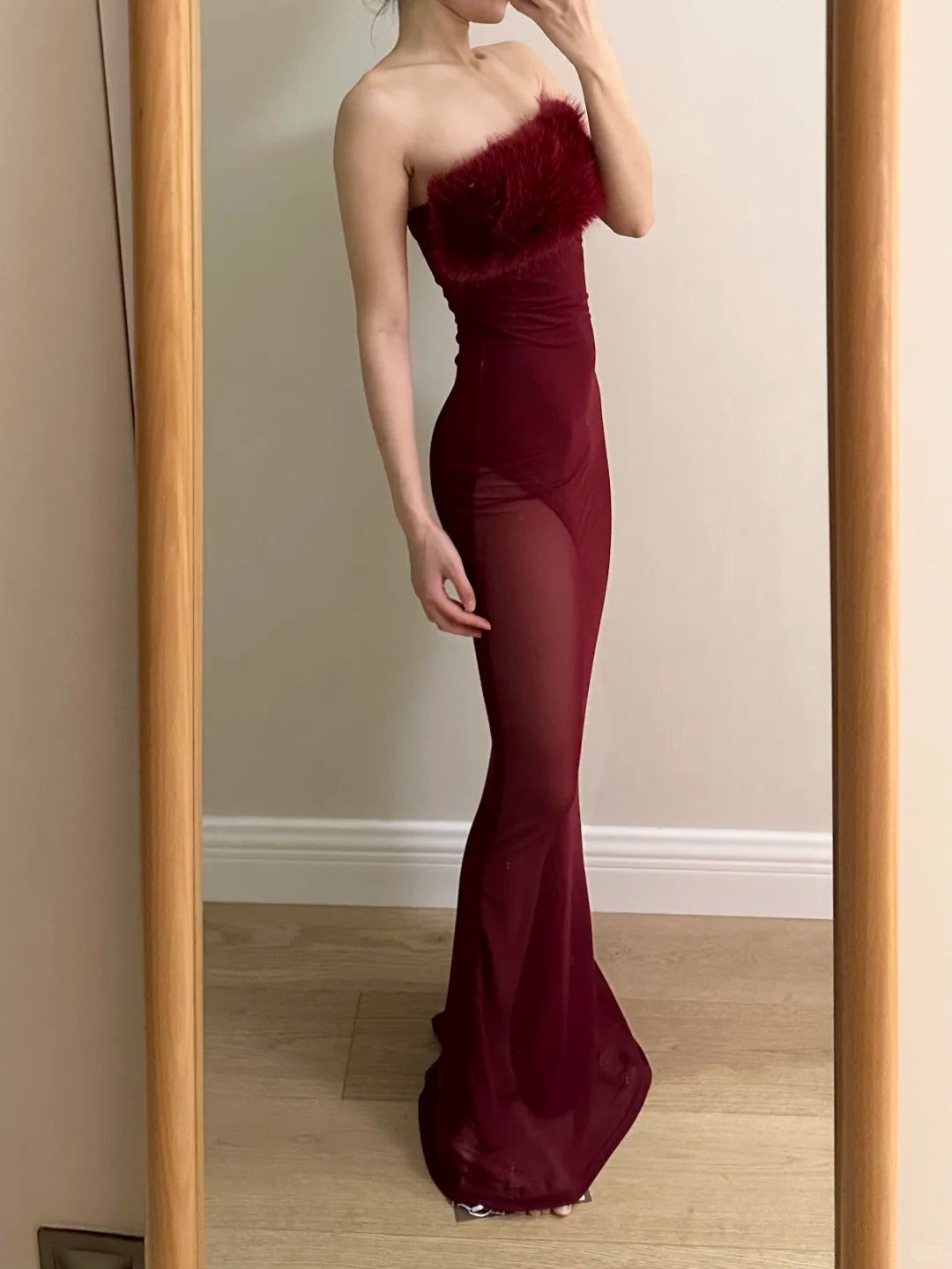 Sexy Burgundy Mermaid Strapless Mesh Long Classy Prom Dress Secondary image