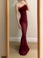 Sexy Burgundy Mermaid Strapless Mesh Long Classy Prom Dress
