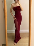 Sexy Burgundy Mermaid Strapless Mesh Long Classy Prom Dress