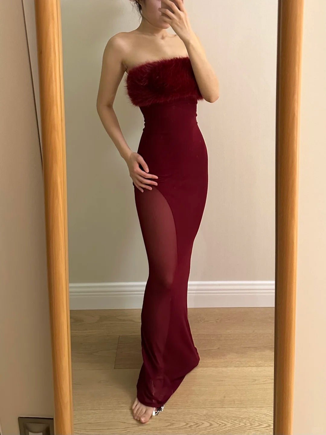 Sexy Burgundy Mermaid Strapless Mesh Long Classy Prom Dress