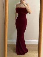 Sexy Burgundy Mermaid Strapless Mesh Long Classy Prom Dress
