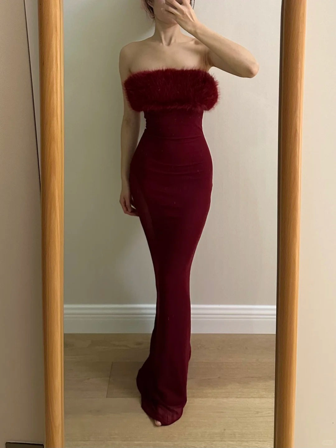 Sexy Burgundy Mermaid Strapless Mesh Long Classy Prom Dress