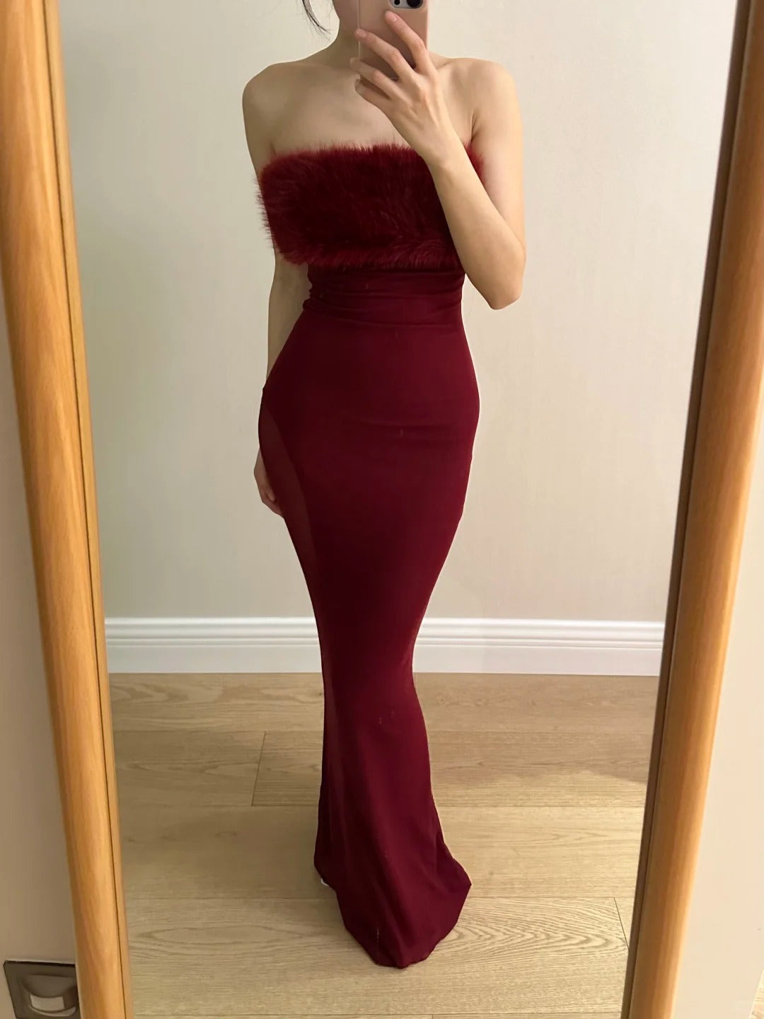 Sexy Burgundy Mermaid Strapless Mesh Long Classy Prom Dress Main image