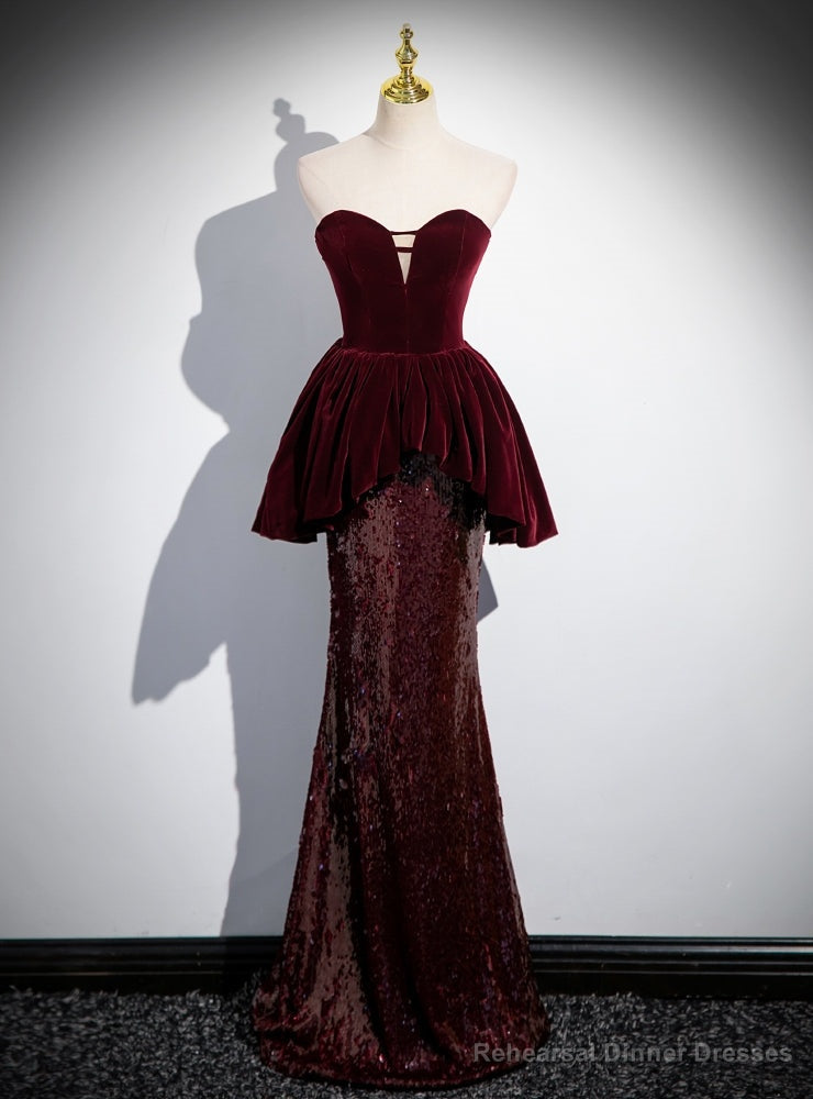 Sexy Burgundy Velvet Sequins Strapless Prom Dress Main image