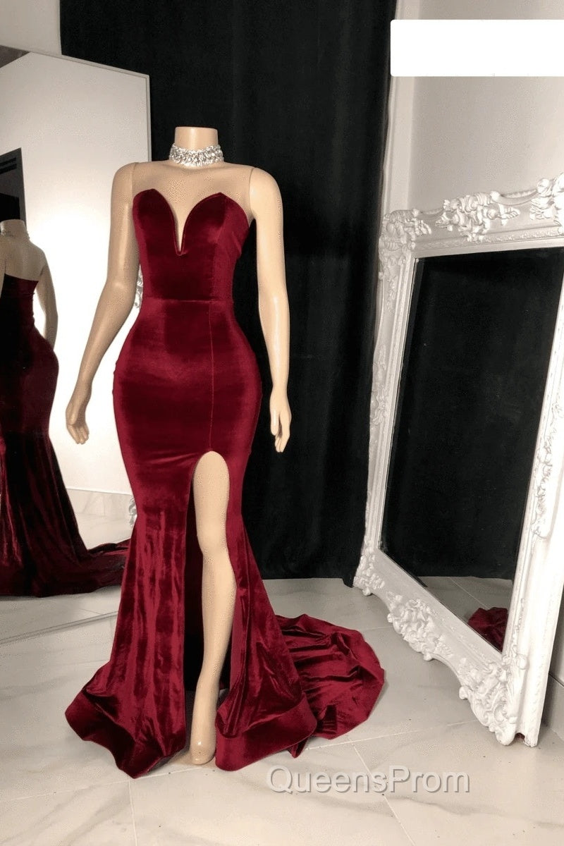 Sexy Burgundy Velvet Wedding Guest Dress V Neck Mermaid Evening Prom Dress Secondary image