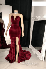 Sexy Burgundy Velvet Wedding Guest Dress V Neck Mermaid Evening Prom Dress