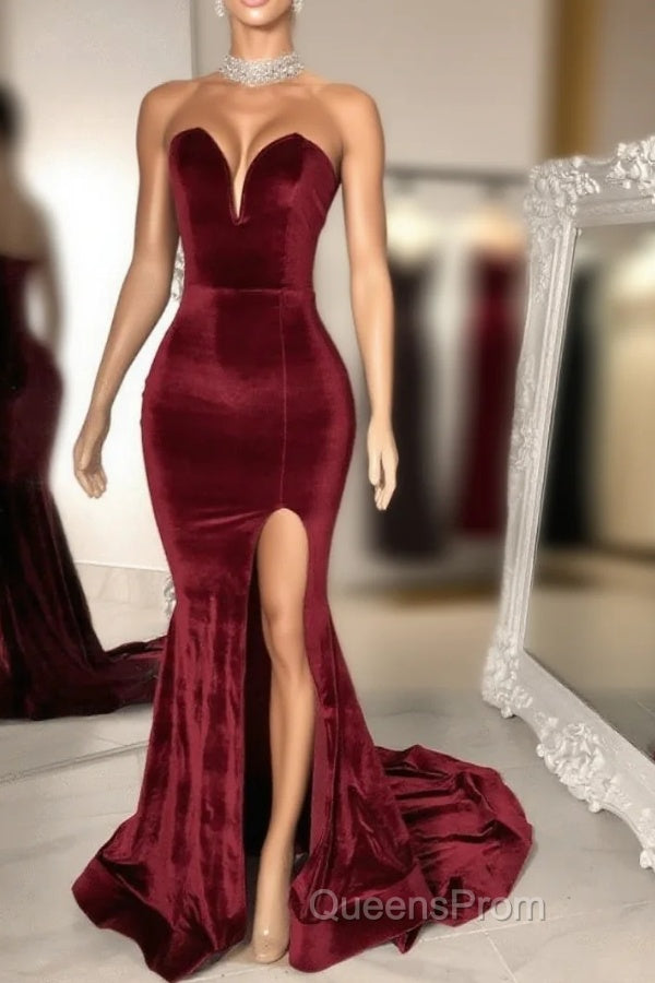 Sexy Burgundy Velvet Wedding Guest Dress V Neck Mermaid Evening Prom Dress Main image