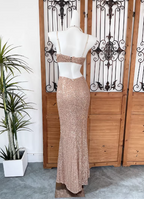 Sexy Champagne Pink Mermaid Spaghetti Strap Waist Cutout Sequin Long Classy Prom Dress