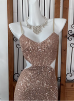 Sexy Champagne Pink Mermaid Spaghetti Strap Waist Cutout Sequin Long Classy Prom Dress