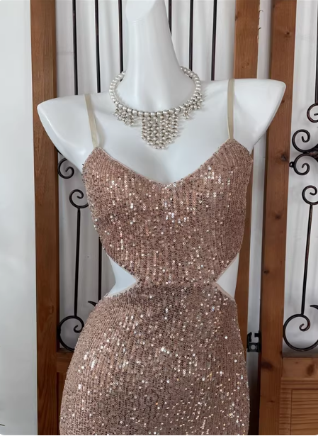 Sexy Champagne Pink Mermaid Spaghetti Strap Waist Cutout Sequin Long Classy Prom Dress