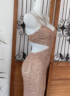 Sexy Champagne Pink Mermaid Spaghetti Strap Waist Cutout Sequin Long Classy Prom Dress