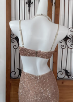 Sexy Champagne Pink Mermaid Spaghetti Strap Waist Cutout Sequin Long Classy Prom Dress