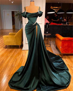 Sexy Dark Green Satin Mermaid Classy Prom Dress 2026 Spaghetti Straps Pleats Seep Train Classy Evening Occasion Pageant Gowns