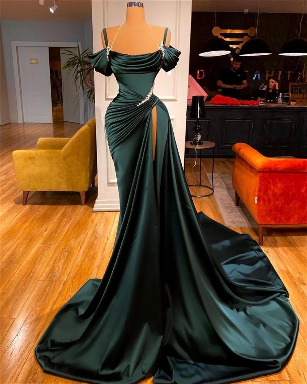 Sexy Dark Green Satin Mermaid Classy Prom Dress 2026 Spaghetti Straps Pleats Seep Train Classy Evening Occasion Pageant Gowns