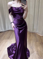Sexy Deep Purple Mermaid Off-The-Shoulder Satin Long Classy Prom Dress