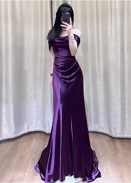 Sexy Deep Purple Mermaid Off-The-Shoulder Satin Long Classy Prom Dress Main image