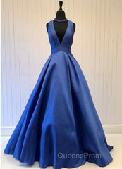 Sexy Deep V-Neck Long Satin Bow Back Evening Dress Floor Length Evening Prom Gowns