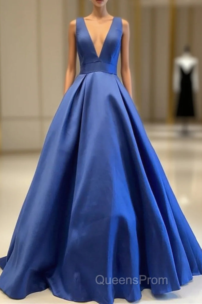 Sexy Deep V-Neck Long Satin Bow Back Evening Dress Floor Length Evening Prom Gowns Main image