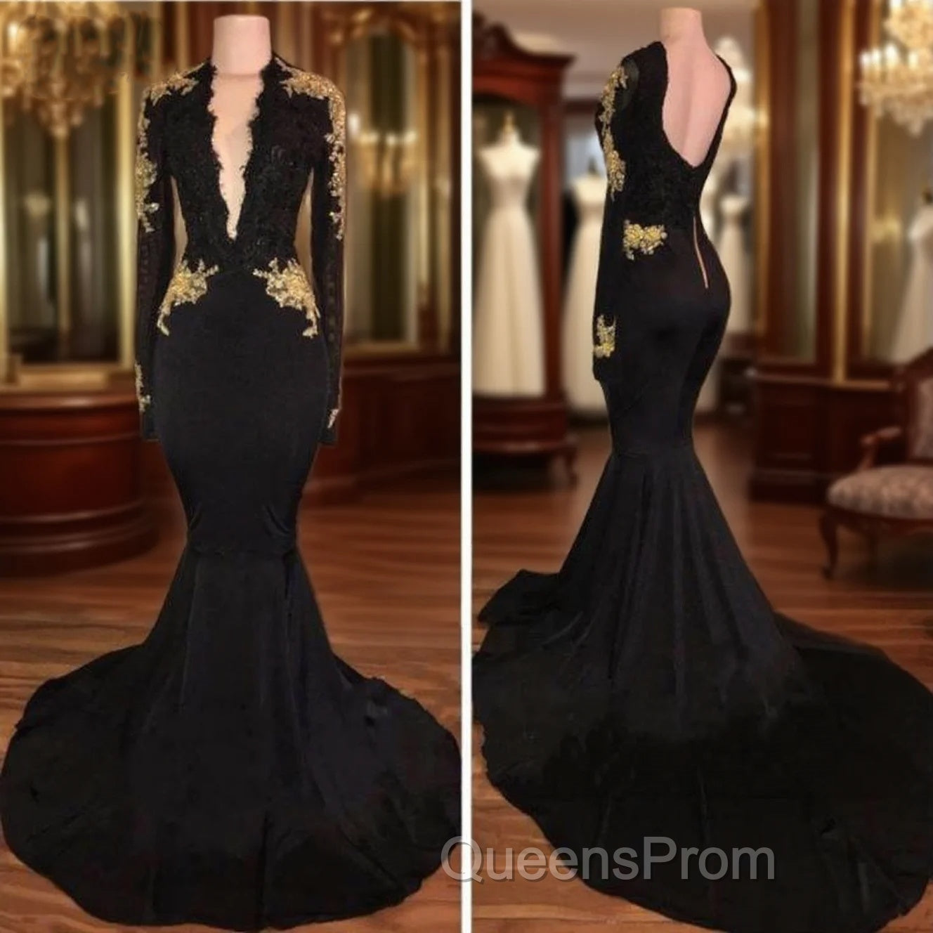 Sexy Deep V-Neck Long Sleeves Black Gold Evening Prom Dress Main image