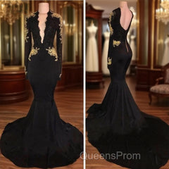 Sexy Deep V-Neck Long Sleeves Black Gold Evening Prom Dress
