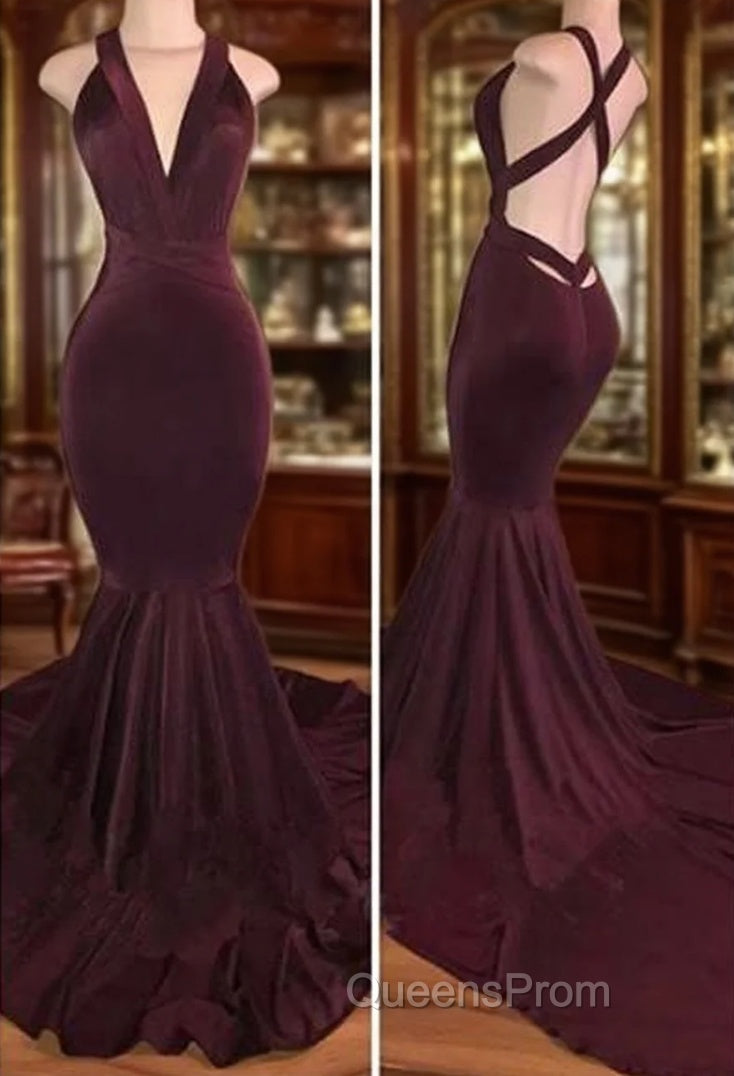 Sexy Deep V Neck Mermaid Velvet Burgundy Evening Prom Dress Main image