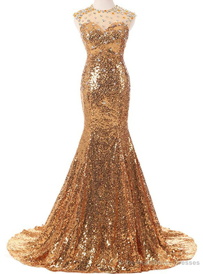 Sexy Gold Mermaid Sequins With Crystal Prom Dress