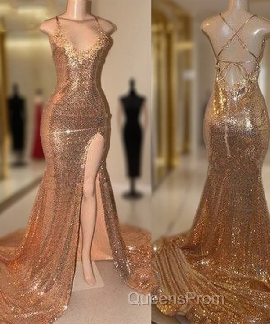 Sexy Gold Sequin Spaghetti-Straps Slit Evening Prom Dress Main image