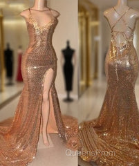 Sexy Gold Sequin Spaghetti-Straps Slit Evening Prom Dress