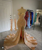 Sexy Gold Sequins Evening Prom Dress Mermaid Long Black Girl Evening Formal Dress