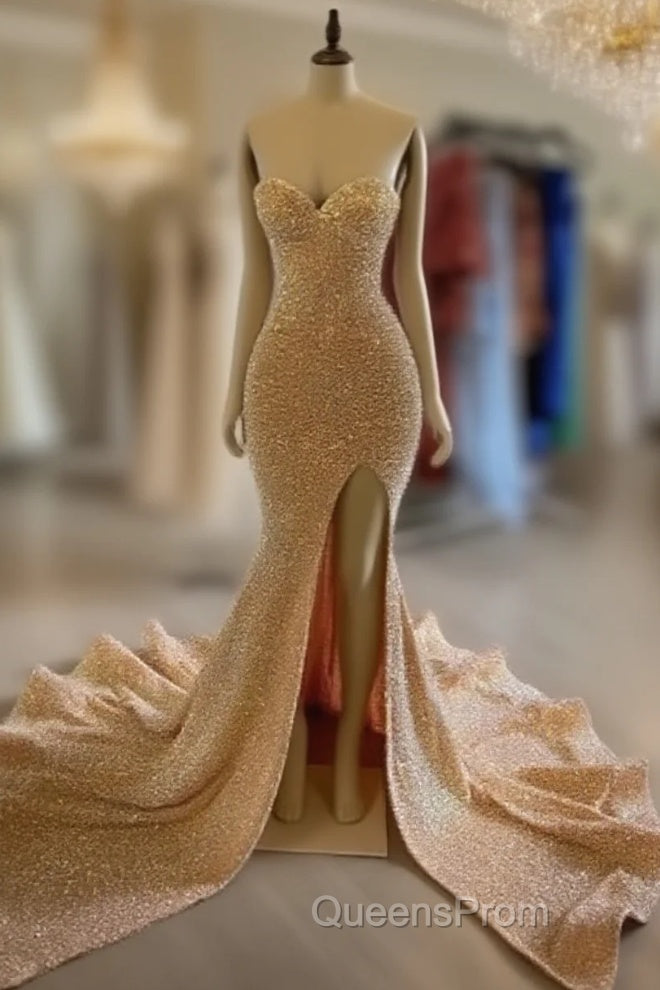 Sexy Gold Sequins Evening Prom Dress Mermaid Long Black Girl Evening Formal Dress Main image
