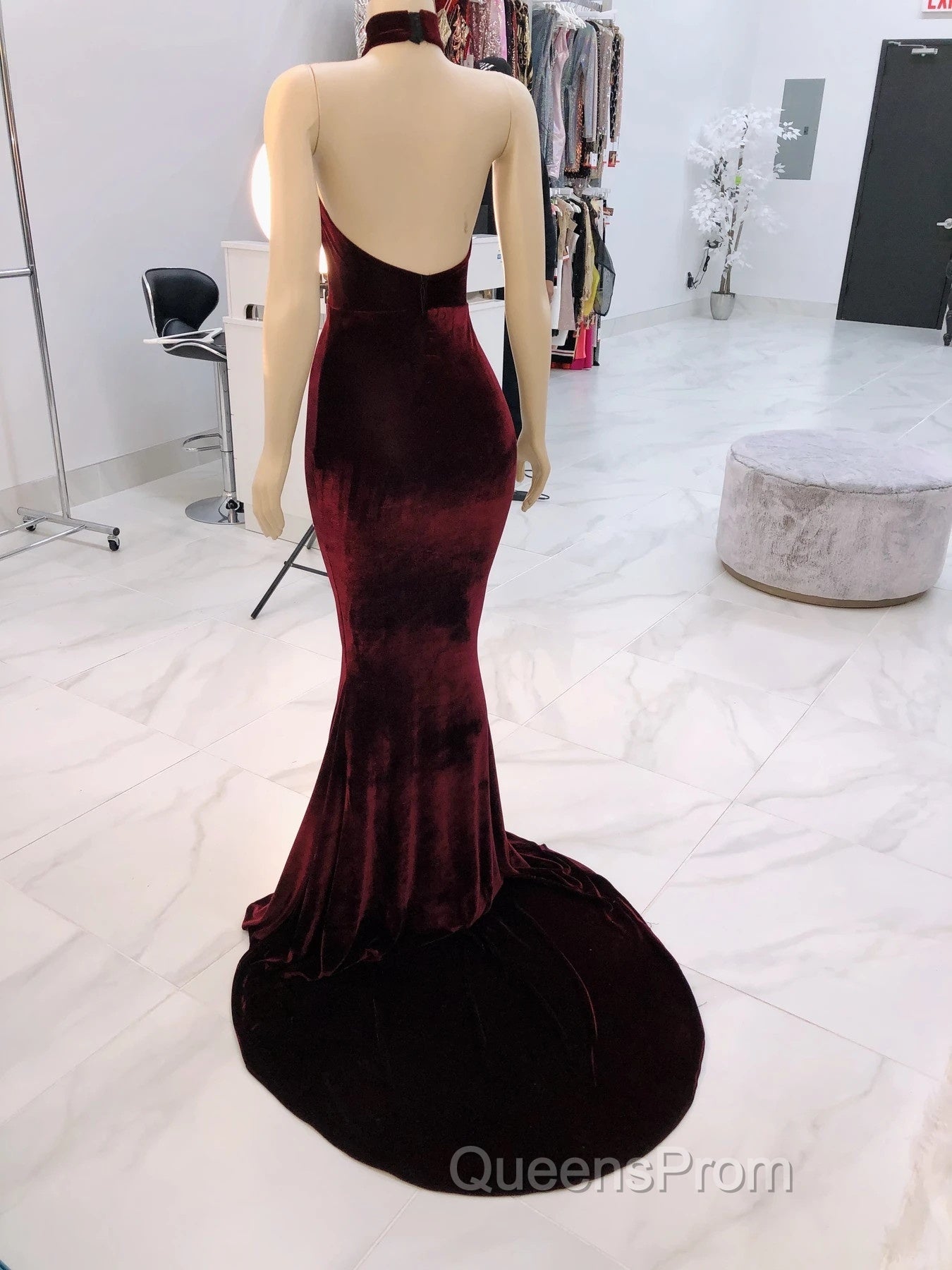 Sexy Halter Burgundy Winter Wedding Guest Dress Velvet Evening Prom Dress Sleeveless Secondary image