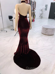 Sexy Halter Burgundy Winter Wedding Guest Dress Velvet Evening Prom Dress Sleeveless