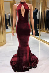 Sexy Halter Burgundy Winter Wedding Guest Dress Velvet Evening Prom Dress Sleeveless