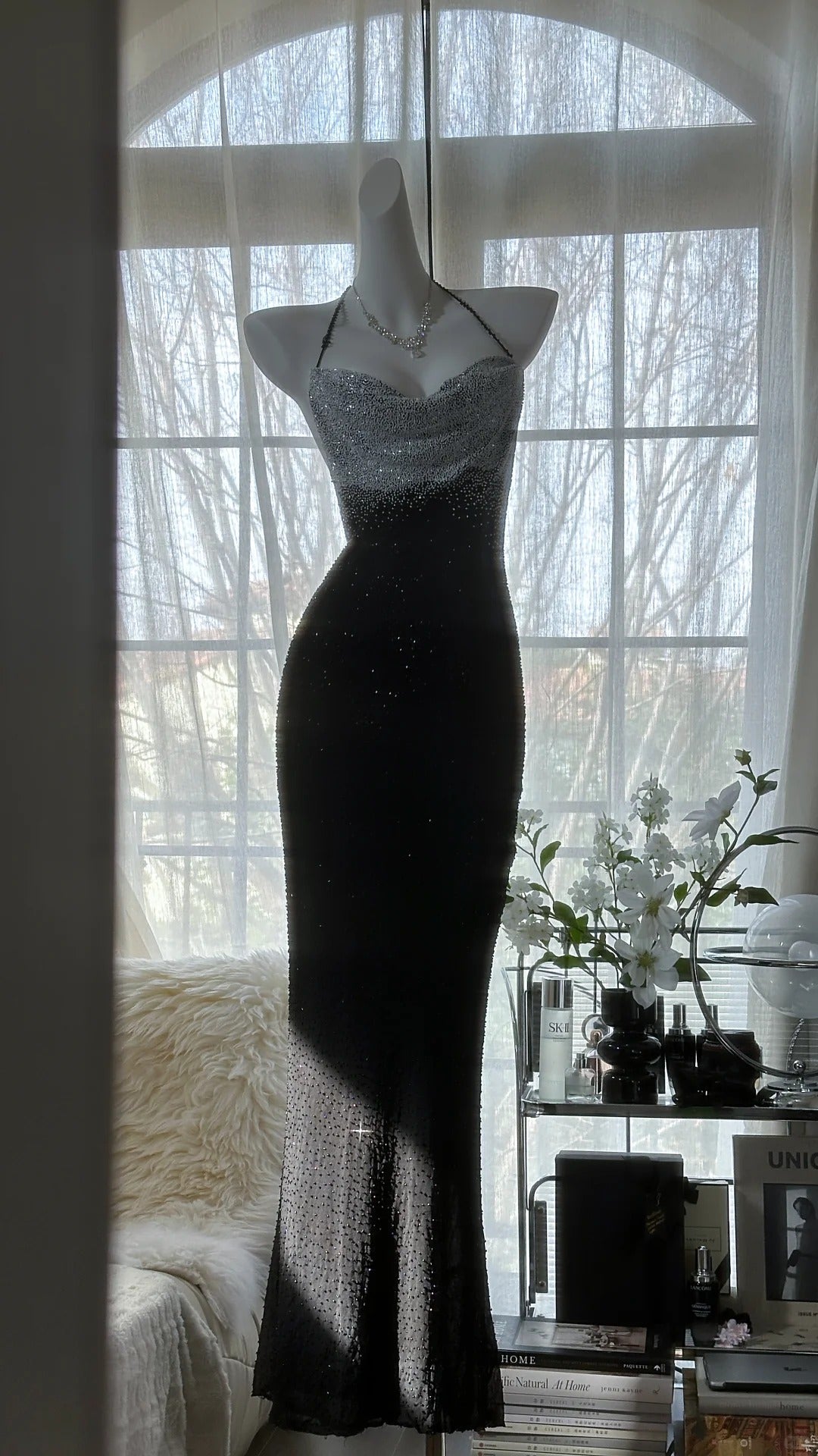Sexy Halter Neck Backless Beaded Chiffon Black Mermaid Evening Gown Prom Dress Main image