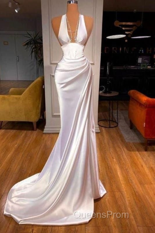 Sexy Halter V-Neck Mermaid Evening Prom Dress Ruffle Satin Long Party Dress