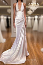 Sexy Halter V-Neck Mermaid Evening Prom Dress Ruffle Satin Long Party Dress
