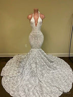Sexy Hater Deep V-Neck Backless Ivory Prom Dress with Flowers Bottom