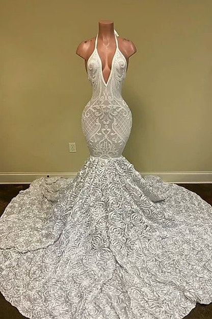 Sexy Hater Deep V-Neck Backless Ivory Prom Dress With Flowers Bottom Main image