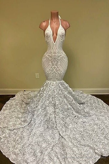 Sexy Hater Deep V-Neck Backless Ivory Prom Dress with Flowers Bottom Main image