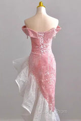 Sexy High Low Off The Shoulder Pink Velvet Evening Prom Dress