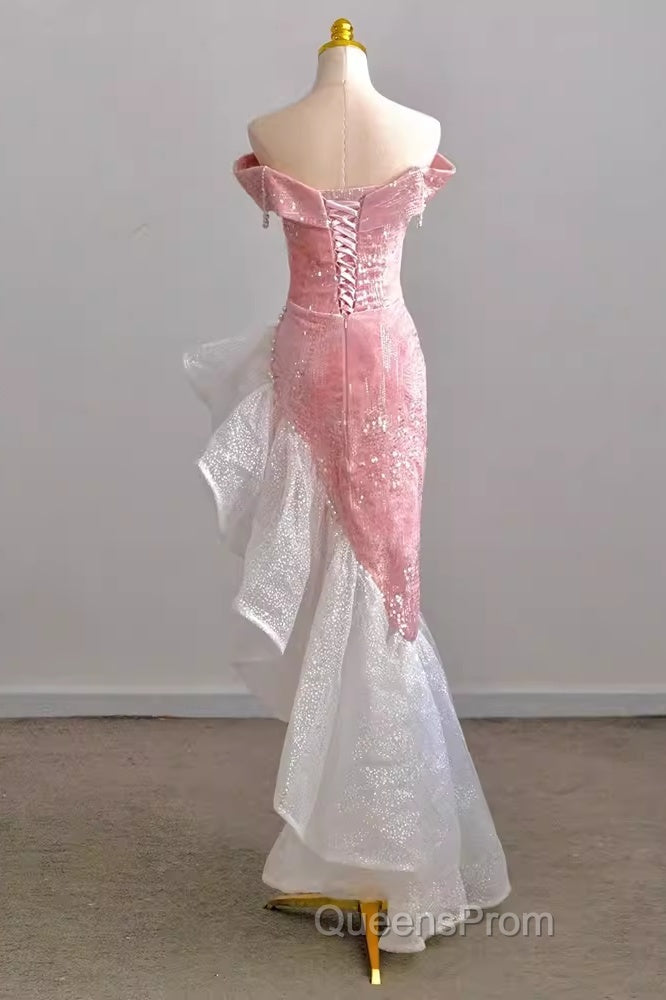 Sexy High Low Off The Shoulder Pink Velvet Evening Prom Dress