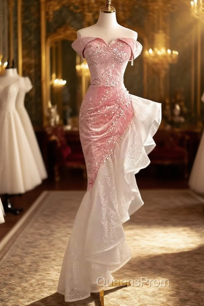 Sexy High Low Off The Shoulder Pink Velvet Evening Prom Dress Main image