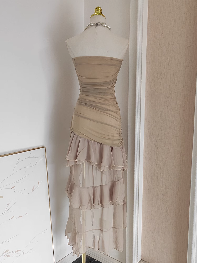Sexy High Low Strapless Champagne Chiffon Ruffles Vacation Dress Women Dress Secondary image