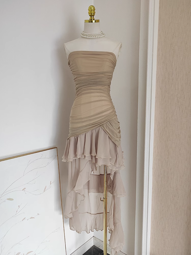 Sexy High Low Strapless Champagne Chiffon Ruffles Vacation Dress Women Dress