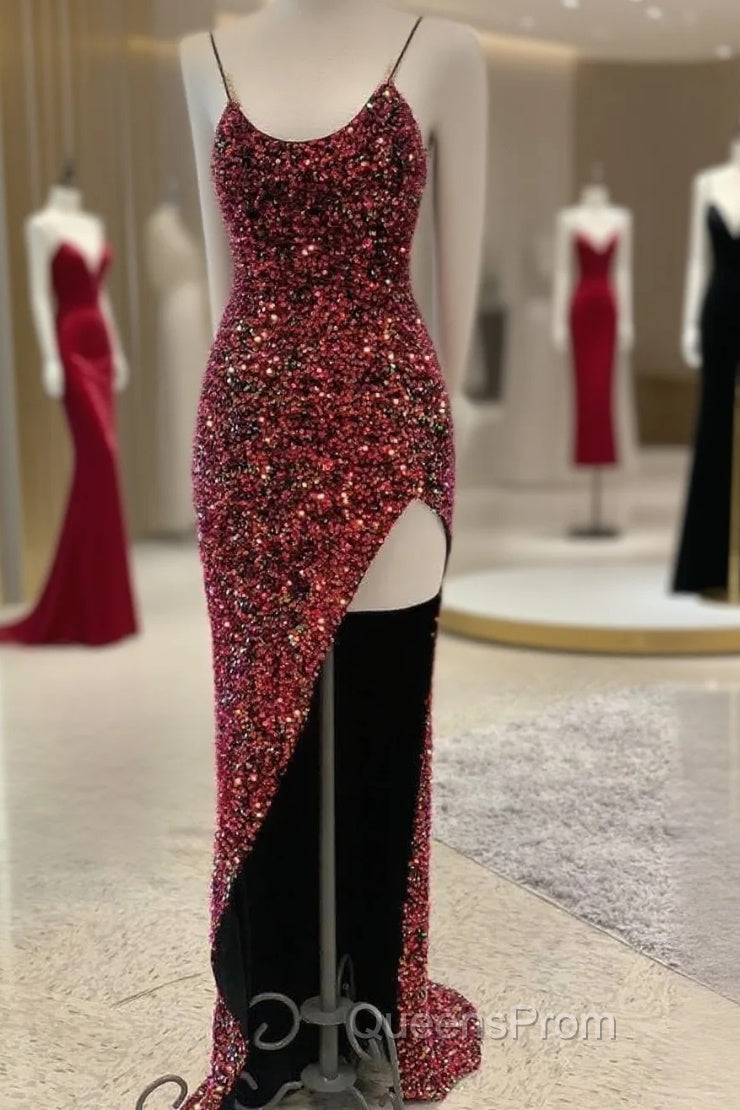 Sexy Iridescent Burgundy Sequin Evening Prom Dress Straps Glitter Evening Dress Uk Main image