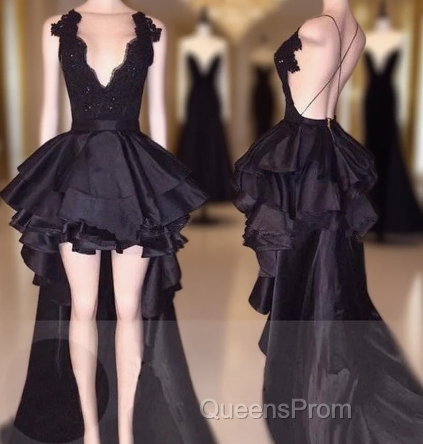 Sexy Layered Hi-Lo Lace Black Evening Prom Dress