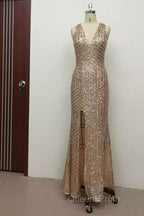 Sexy Leg Split Open Back Mermaid Sequins Evening Prom Dress